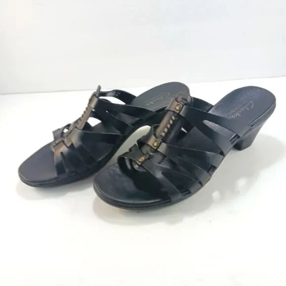 Clarks Bendables Women's Black Leather Strappy Slip- On Sandals Size 7 - Picture 13 of 13